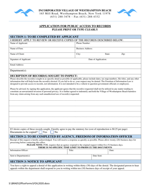 Application for Public Access to Records - Incorporated Village of Westhampton Beach, New York Download Pdf