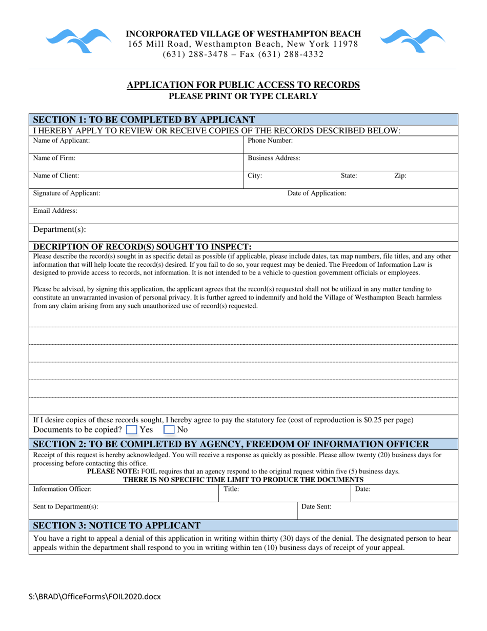 Incorporated Village of Westhampton Beach, New York Application for