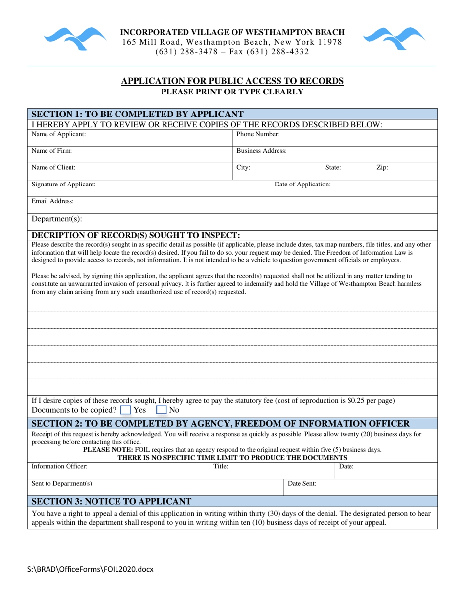 Application for Public Access to Records - Incorporated Village of Westhampton Beach, New York, Page 1