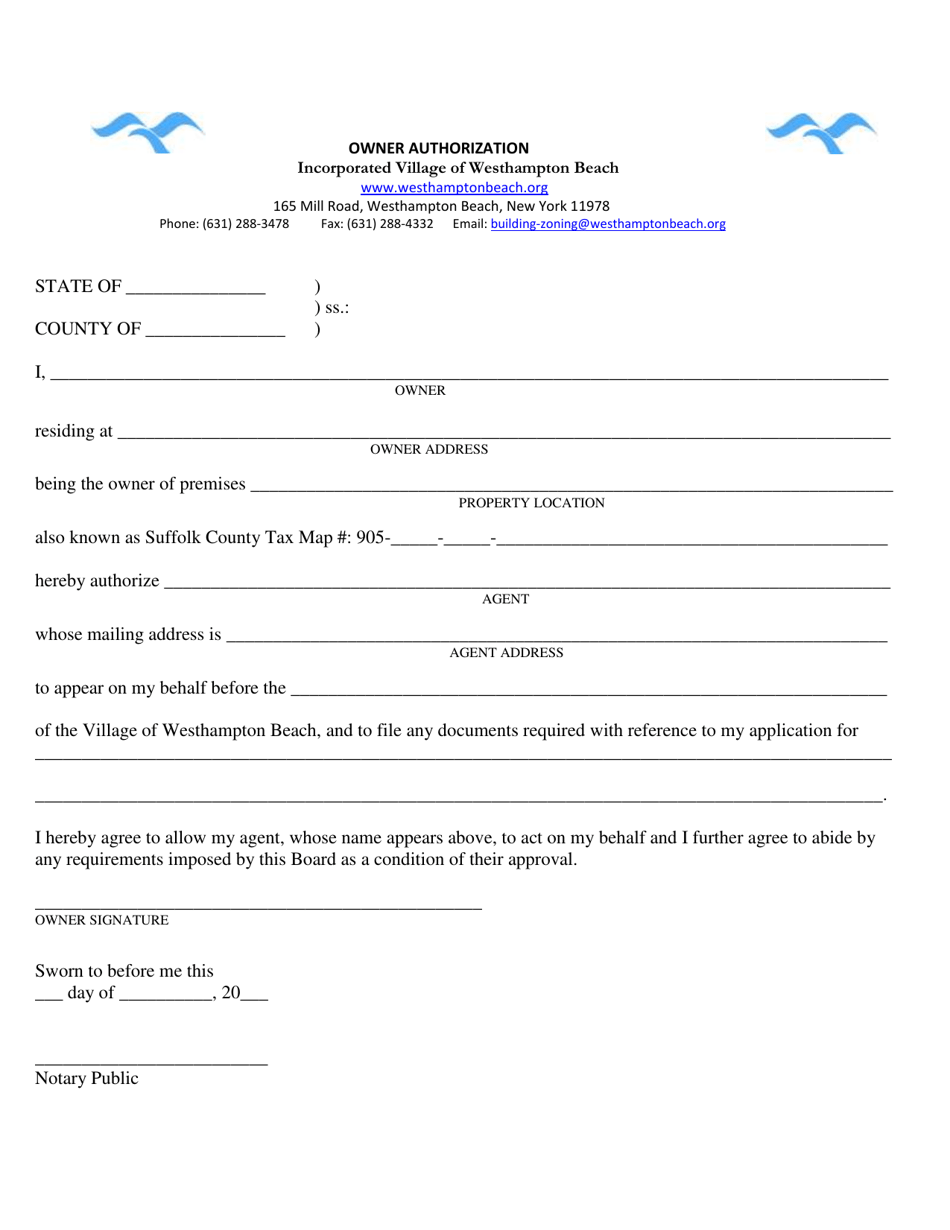 Incorporated Village of Westhampton Beach, New York Owner Authorization