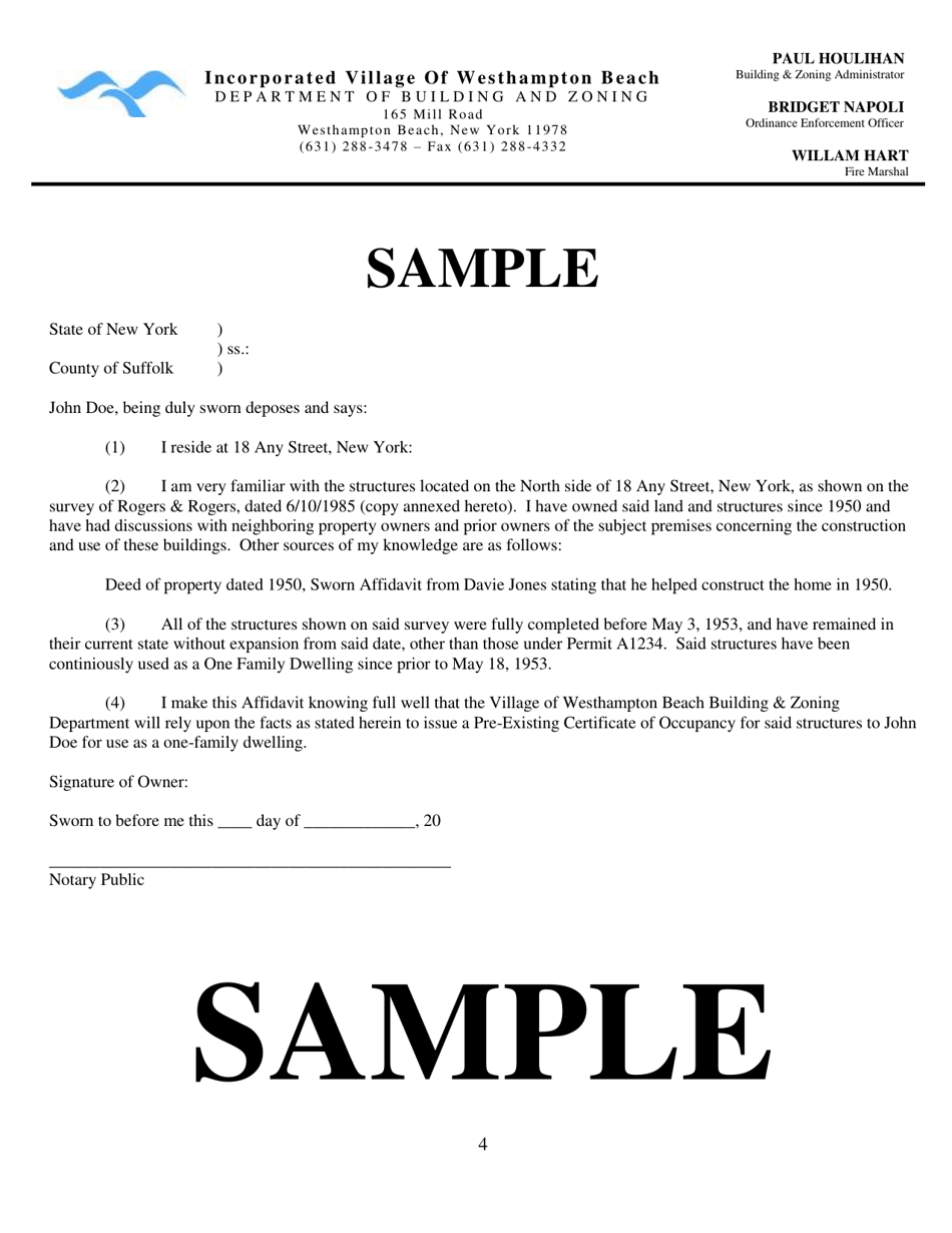 Incorporated Village Of Westhampton Beach New York Pre Existing Certificate Of Occupancy 2347