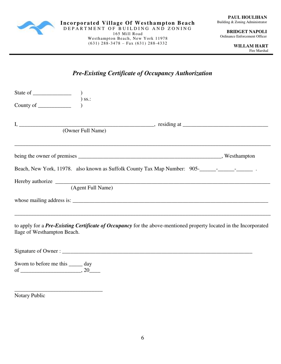 Pre-existing Certificate of Occupancy Application and Checklist - Incorporated Village of Westhampton Beach, New York, Page 6