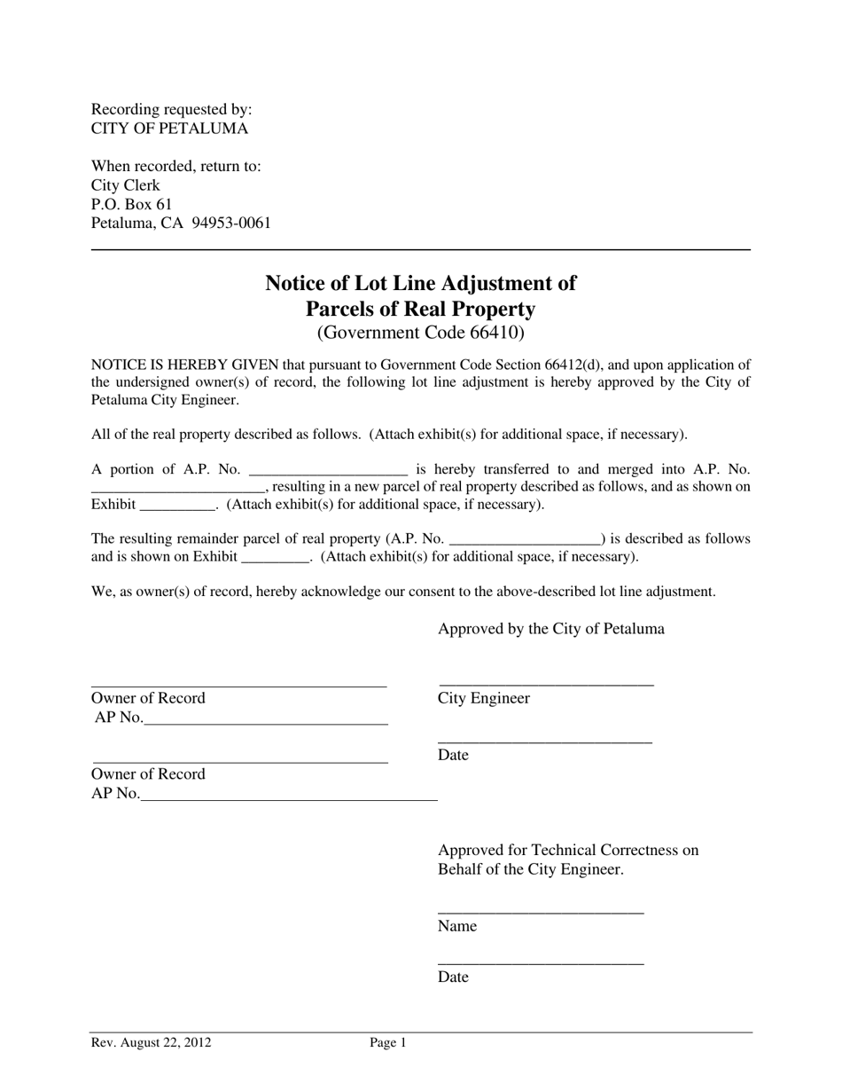 City of Petaluma, California Notice of Lot Line Adjustment of Parcels