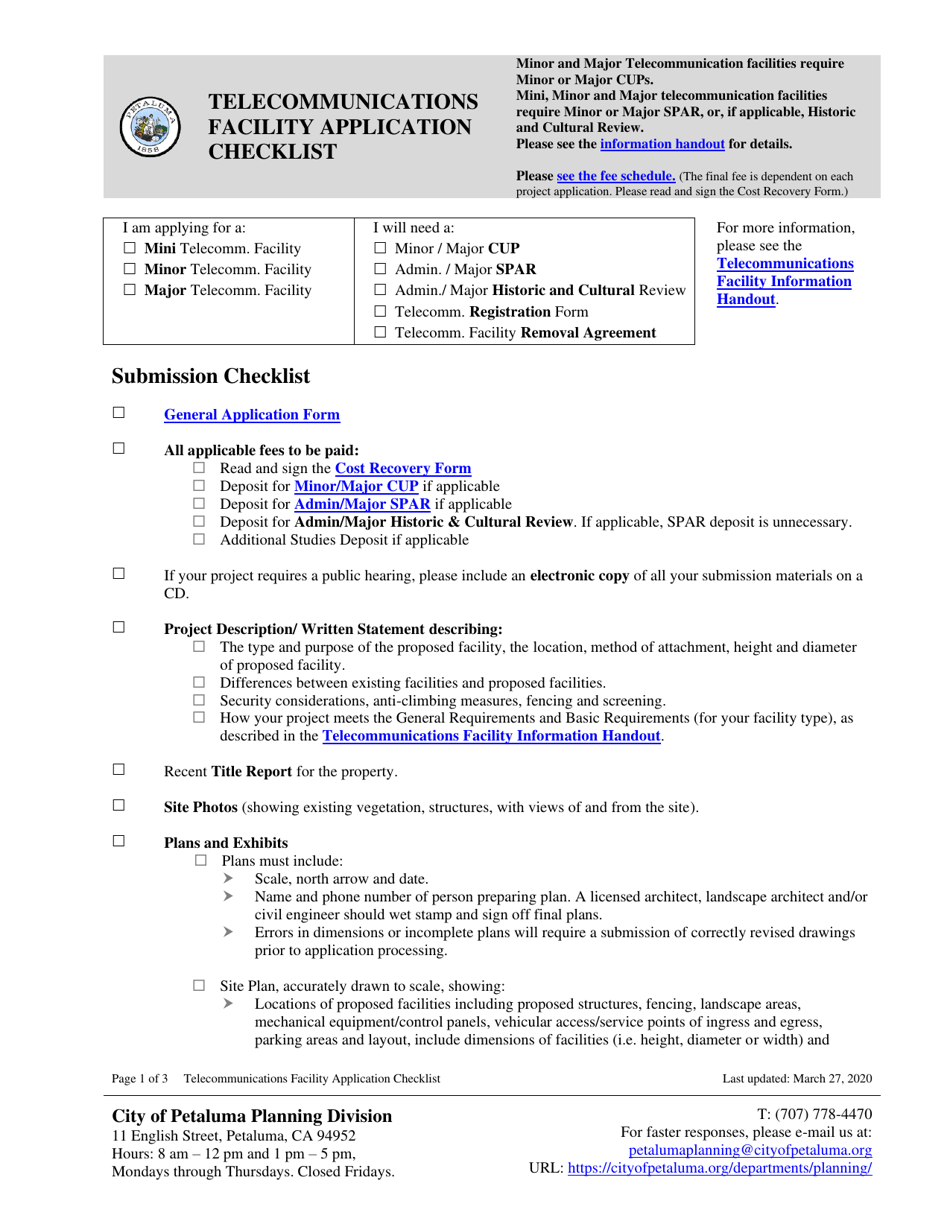 Telecommunications Facility Application Checklist - City of Petaluma, California, Page 1