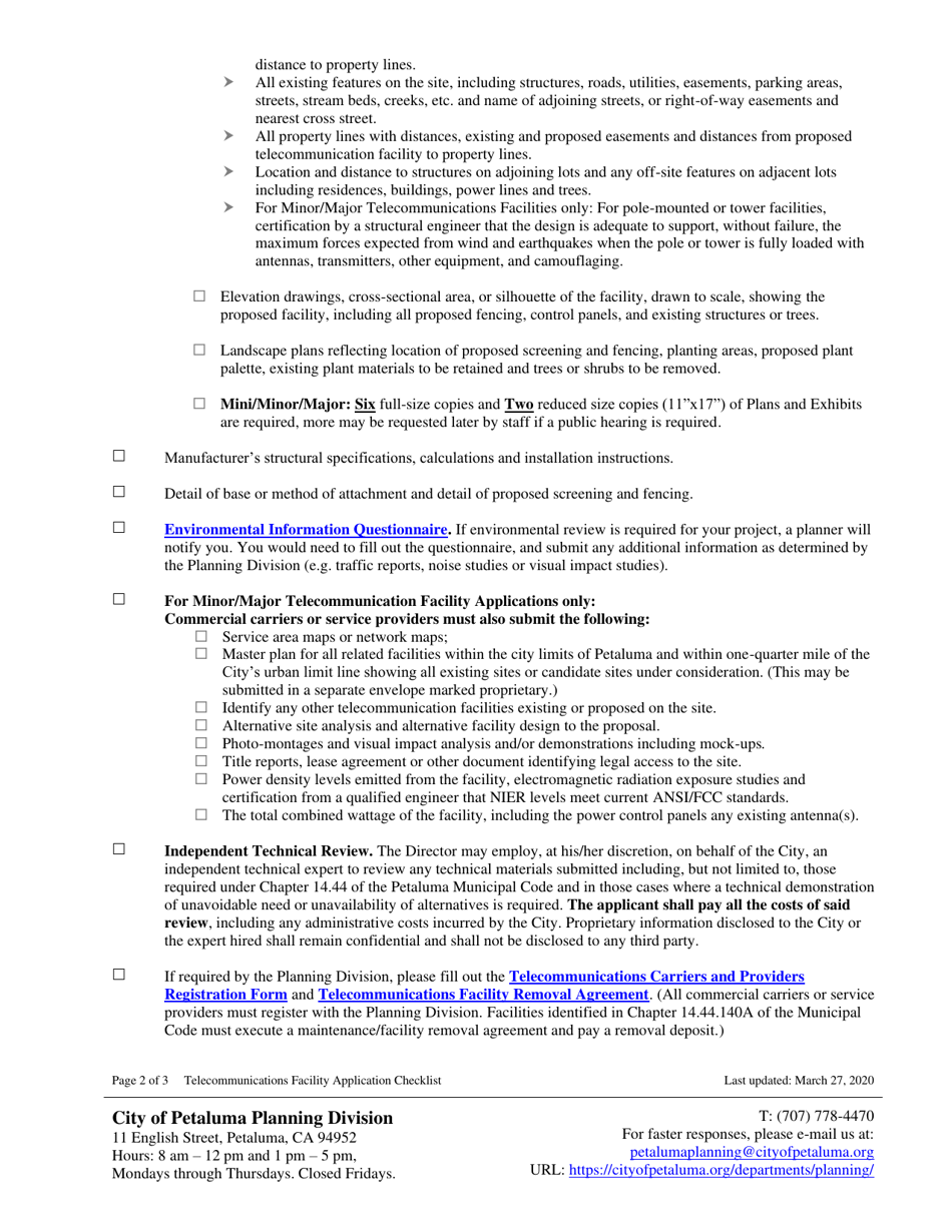 Telecommunications Facility Application Checklist - City of Petaluma, California, Page 2