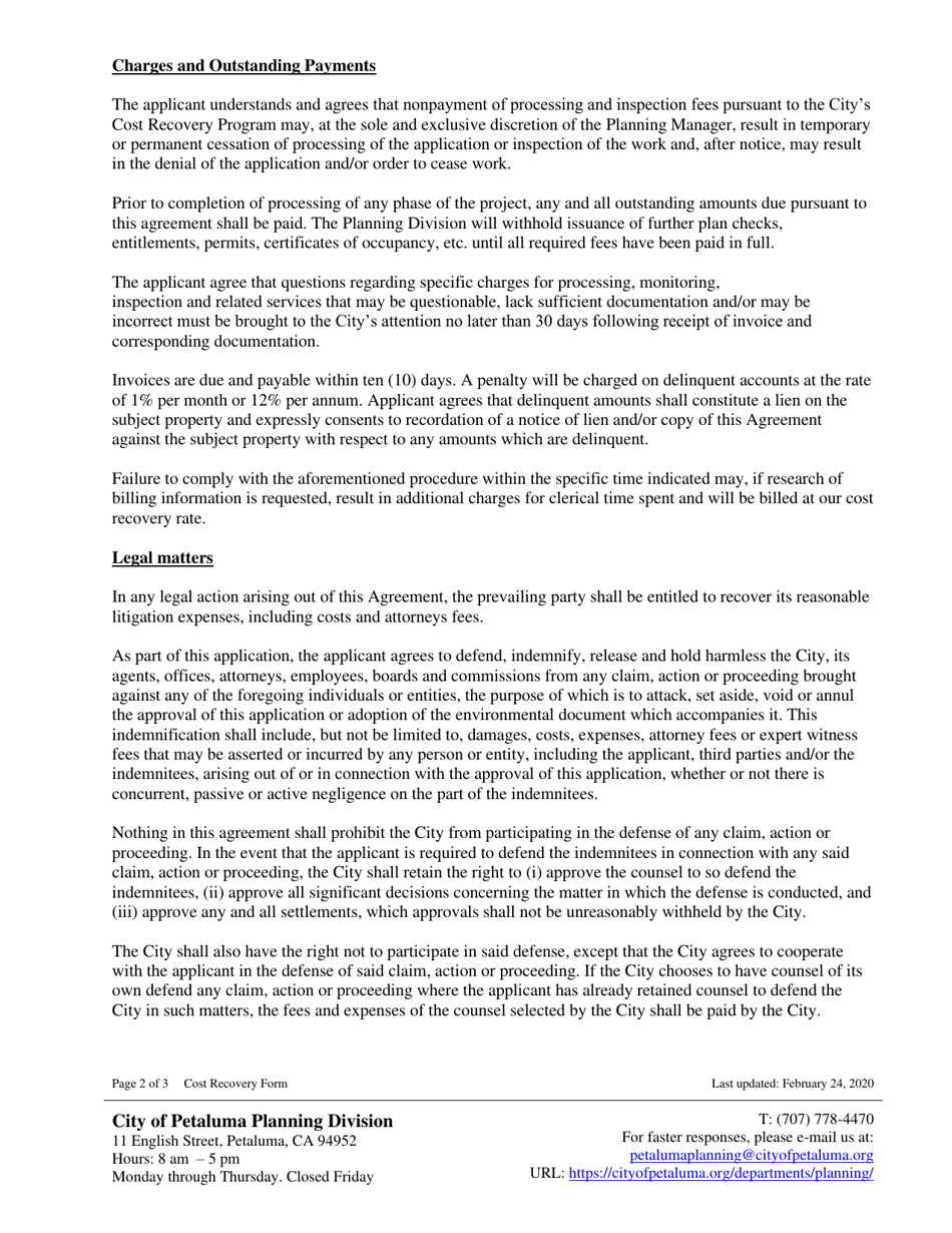 Cost Recovery Form - City of Petaluma, California, Page 2