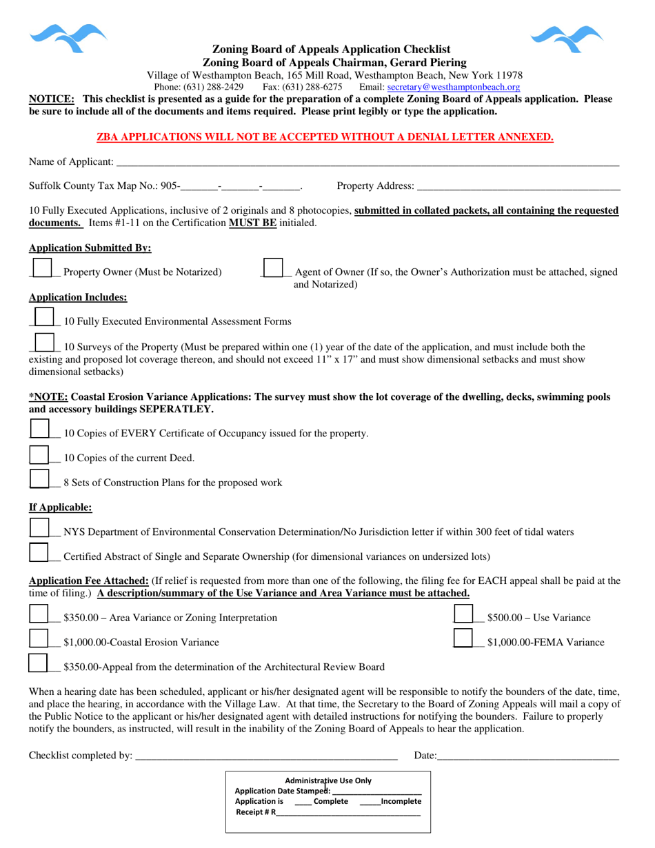 Zoning Board of Appeals Application - Village of Westhampton Beach, New York, Page 1