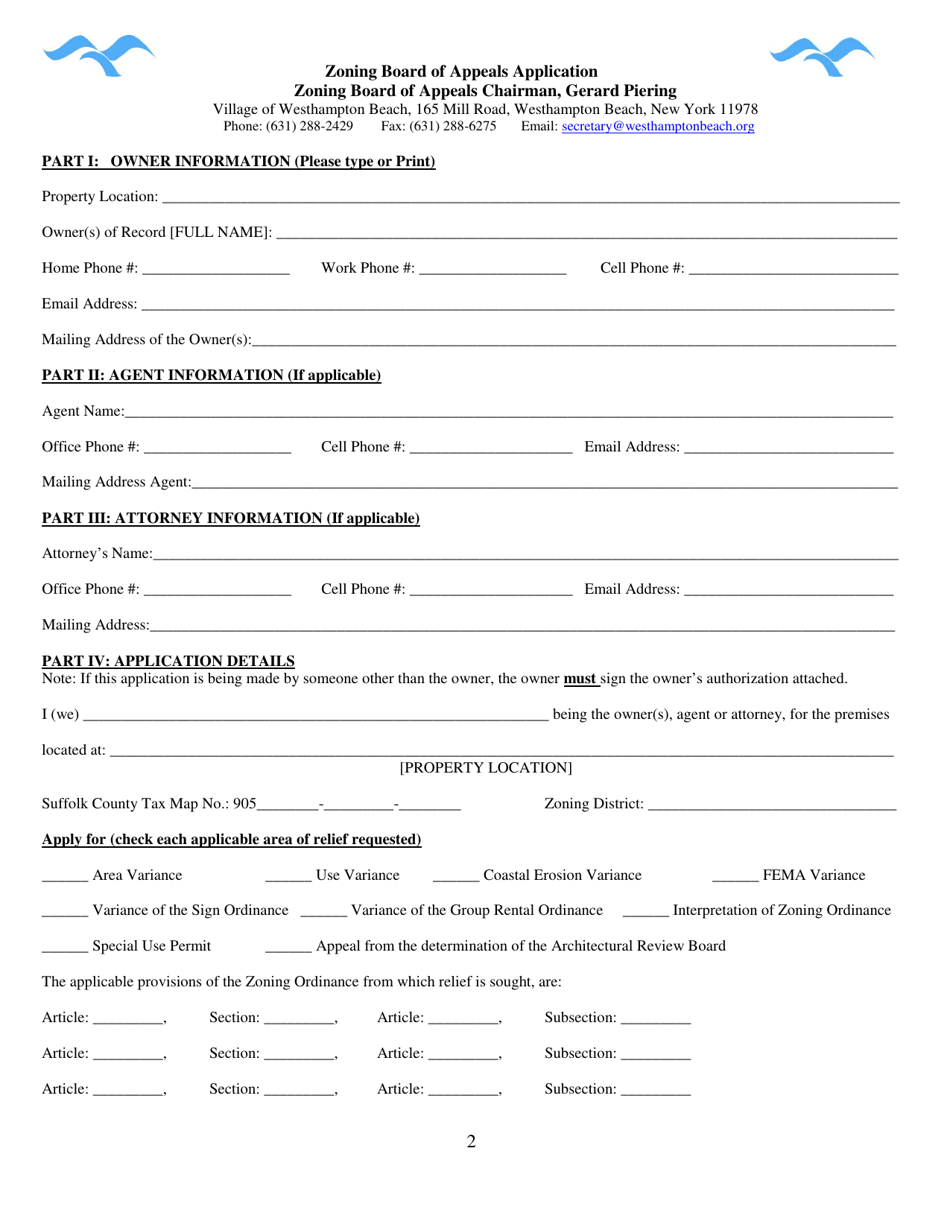 Zoning Board of Appeals Application - Village of Westhampton Beach, New York, Page 2