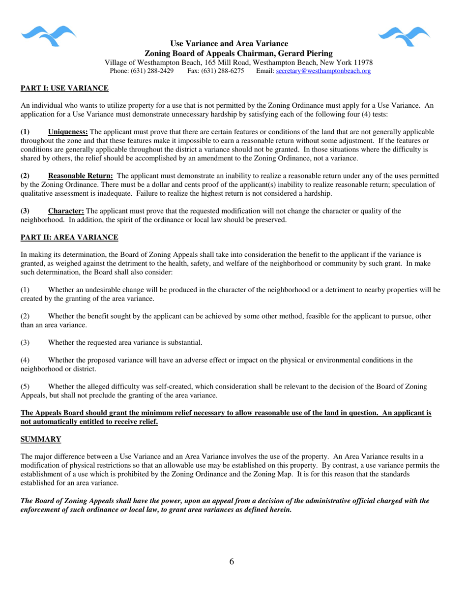 Zoning Board of Appeals Application - Village of Westhampton Beach, New York, Page 6