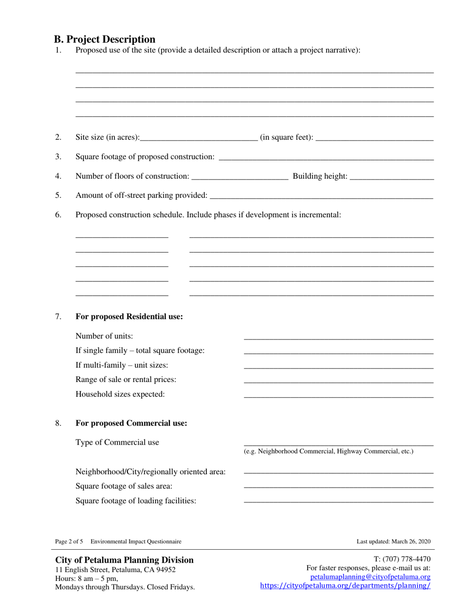 Environmental Impact Questionnaire - City of Petaluma, California, Page 2