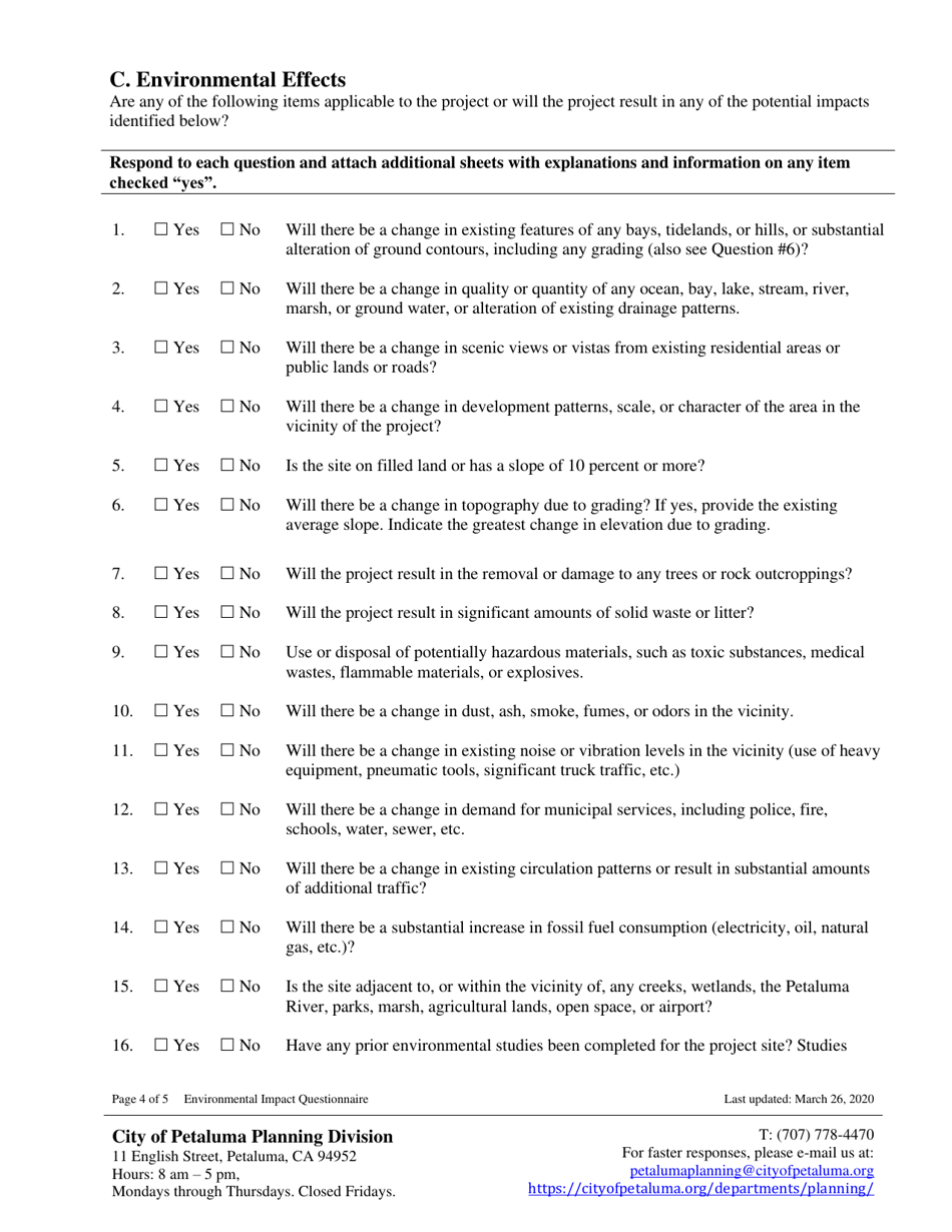 City of Petaluma, California Environmental Impact Questionnaire - Fill ...