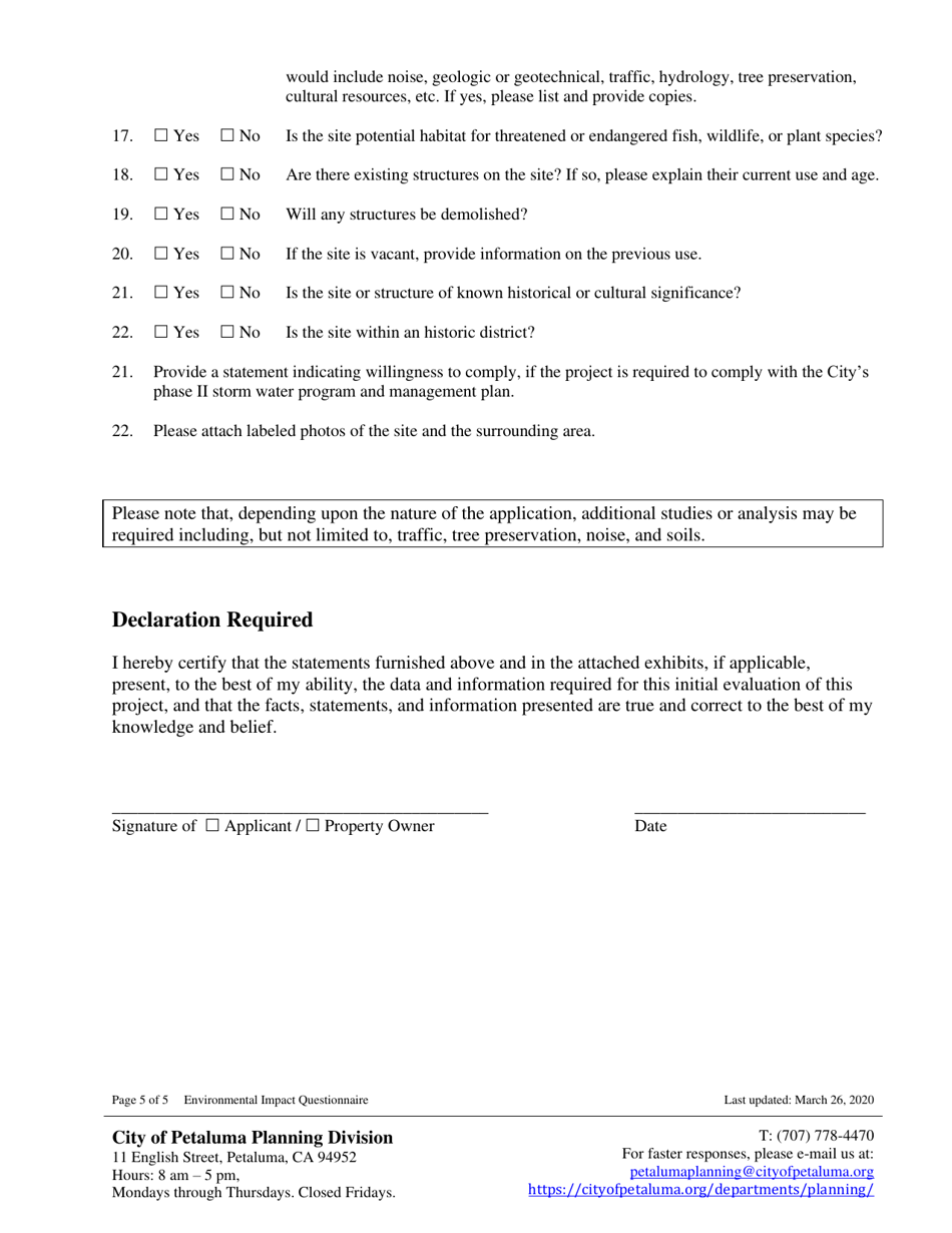 Environmental Impact Questionnaire - City of Petaluma, California, Page 5