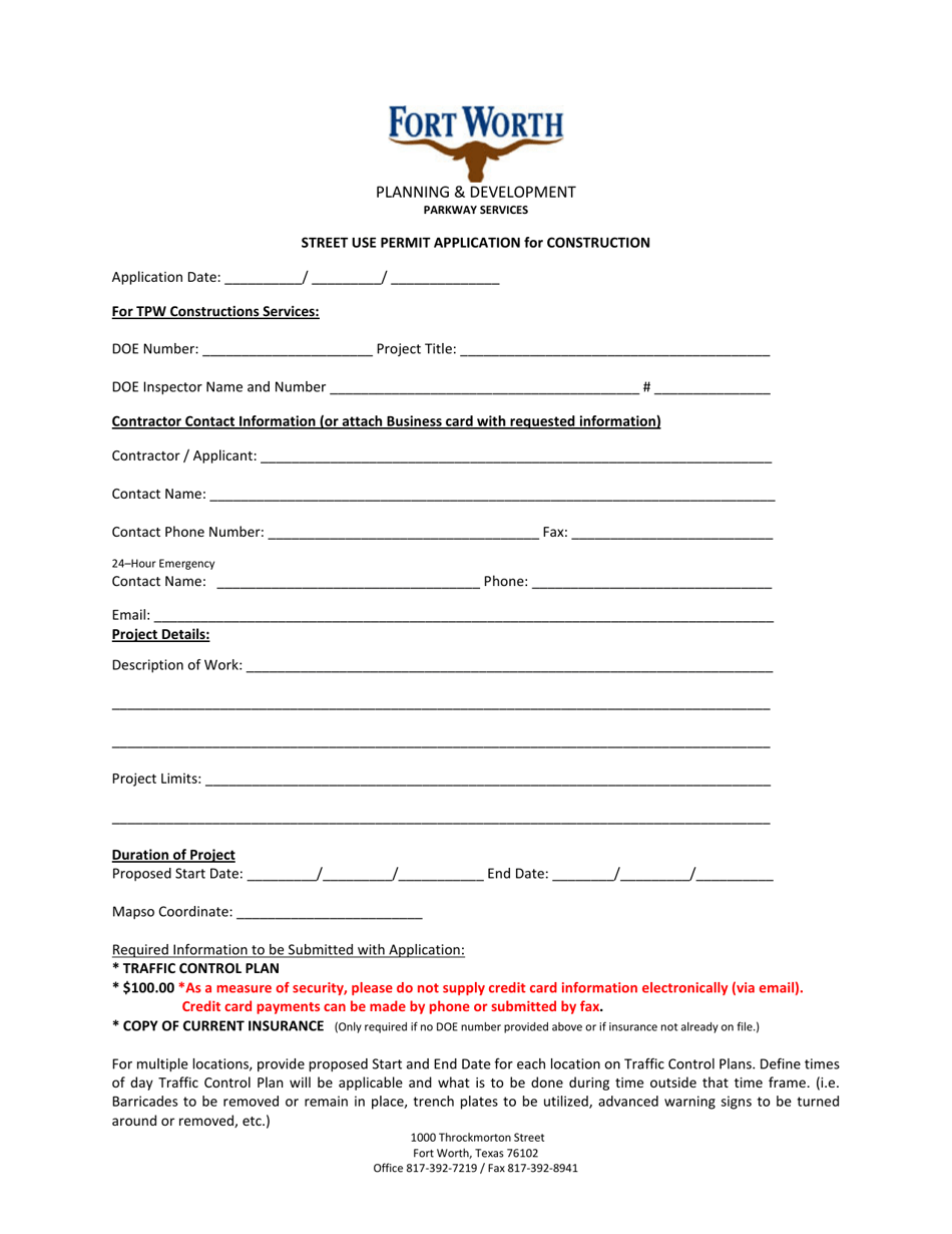 Street Use Permit Application for Construction - City of Fort Worth, Texas, Page 1