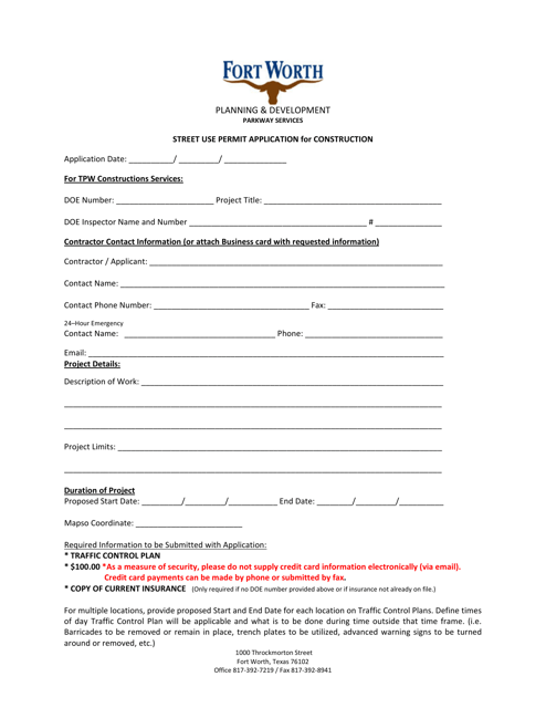 Street Use Permit Application for Construction - City of Fort Worth, Texas