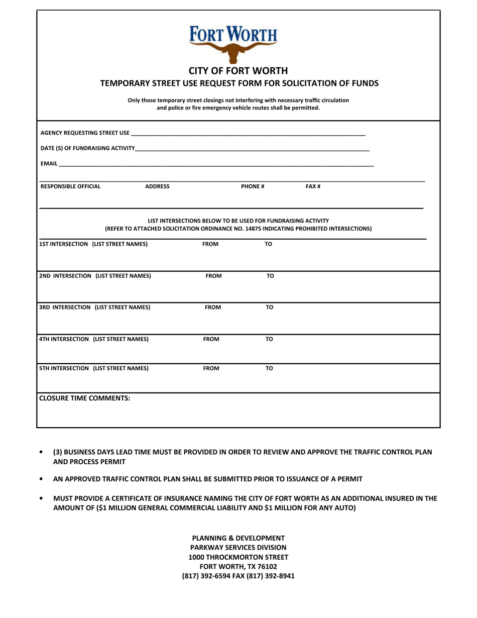 Temporary Street Use Request Form for Solicitation of Funds - City of Fort Worth, Texas, Page 1