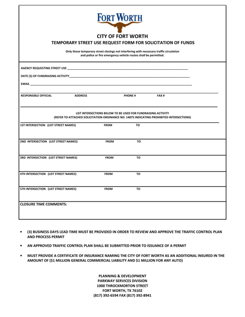 Temporary Street Use Request Form for Solicitation of Funds - City of Fort Worth, Texas