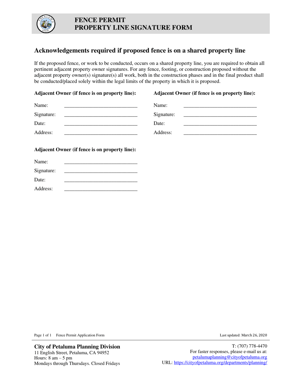 Fence Permit Property Line Signature Form - City of Petaluma, California, Page 1