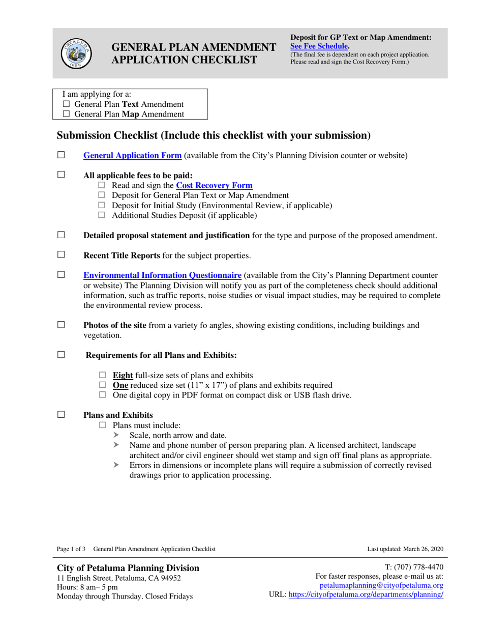 General Plan Amendment Application Checklist - City of Petaluma, California, Page 1