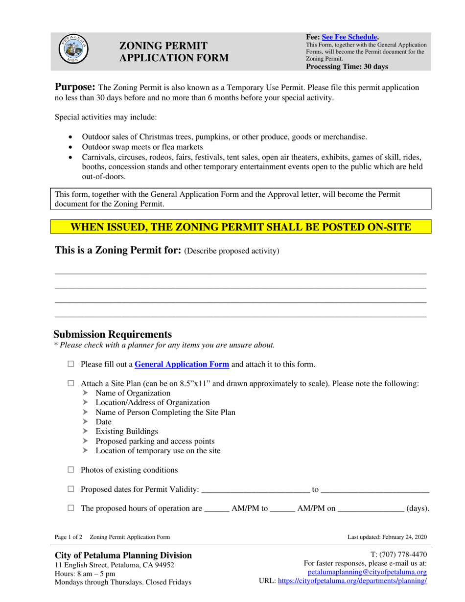 Zoning Permit Application Form - City of Petaluma, California, Page 1