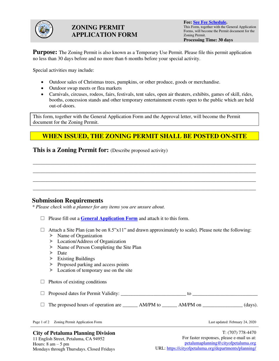 City of Petaluma, California Zoning Permit Application Form Fill Out