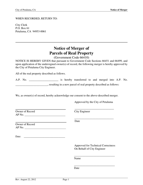 Notice of Merger of Parcels of Real Property - City of Petaluma, California Download Pdf