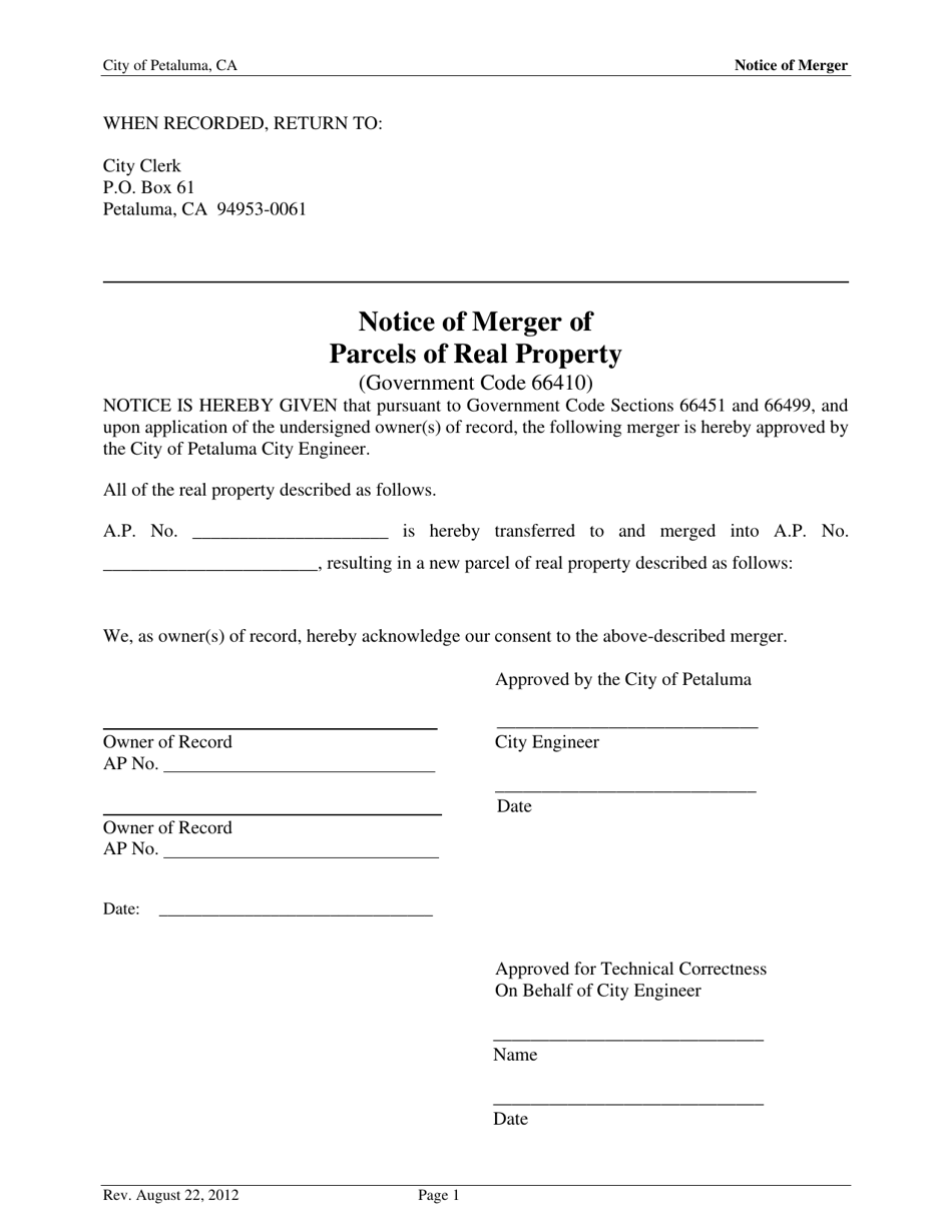 Notice of Merger of Parcels of Real Property - City of Petaluma, California, Page 1
