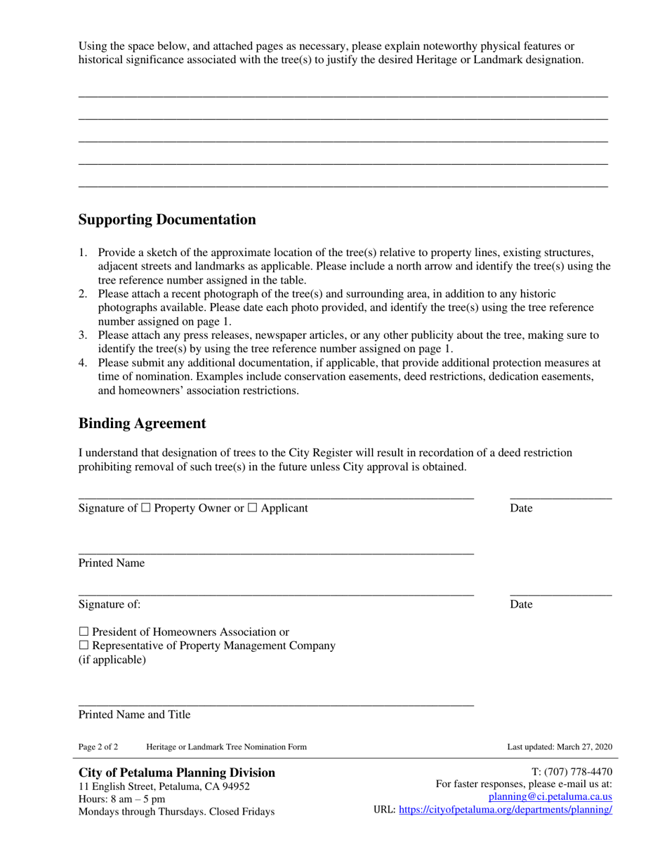 Heritage or Landmark Tree Nomination Form - City of Petaluma, California, Page 2
