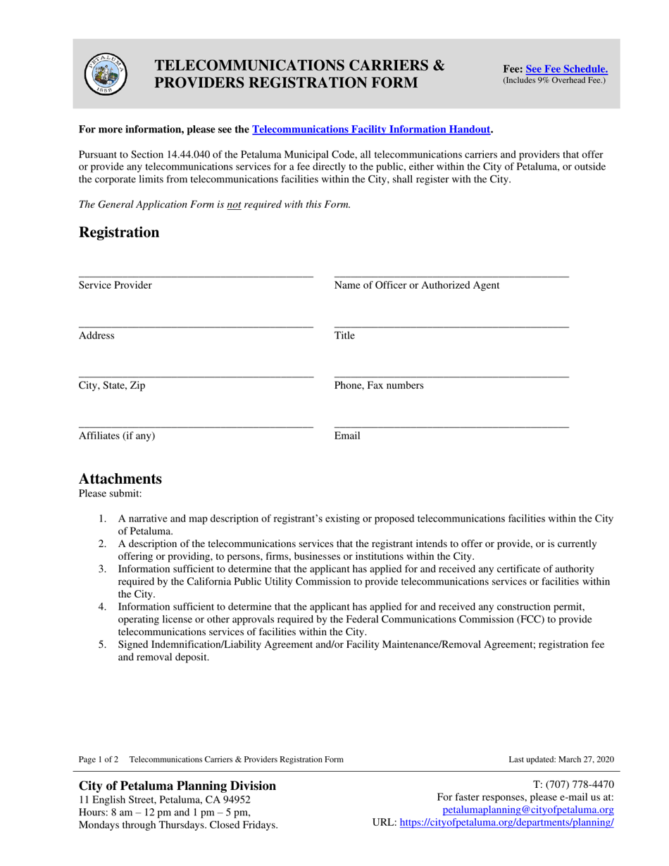 Telecommunications Carriers  Providers Registration Form - City of Petaluma, California, Page 1