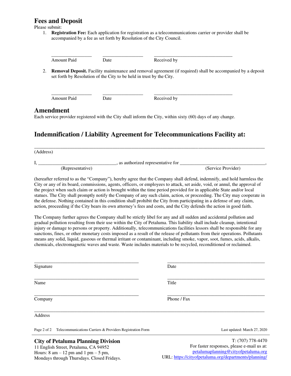 Telecommunications Carriers  Providers Registration Form - City of Petaluma, California, Page 2