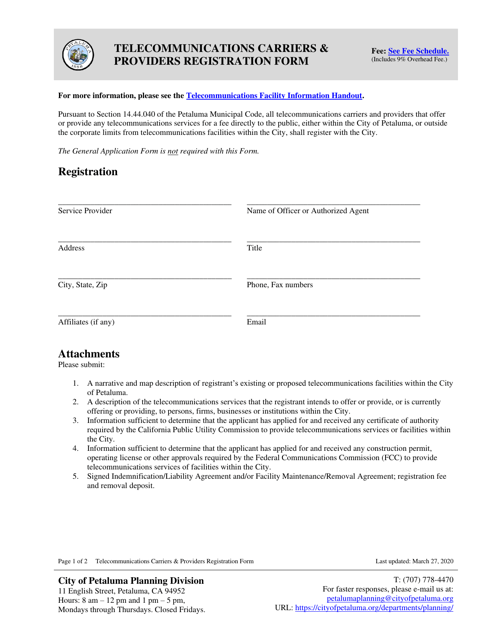 Telecommunications Carriers & Providers Registration Form - City of Petaluma, California Download Pdf