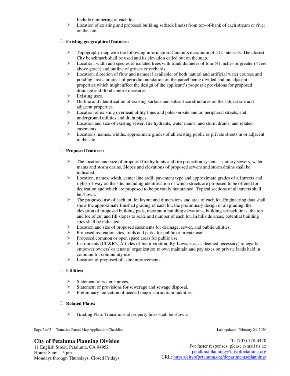 Tentative Parcel or Subdivision Map Application Checklist - City of Petaluma, California, Page 2