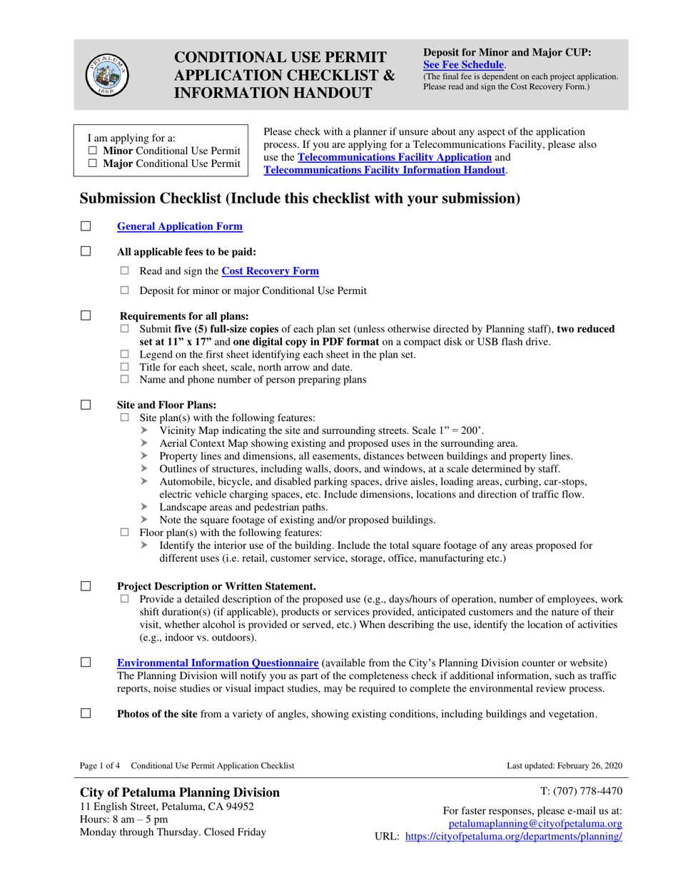 Conditional Use Permit Application Checklist  Information Handout - City of Petaluma, California, Page 1