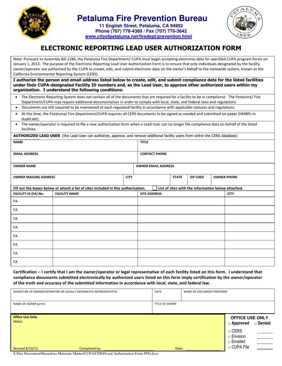 Electronic Reporting Lead User Authorization Form - City of Petaluma, California, Page 1