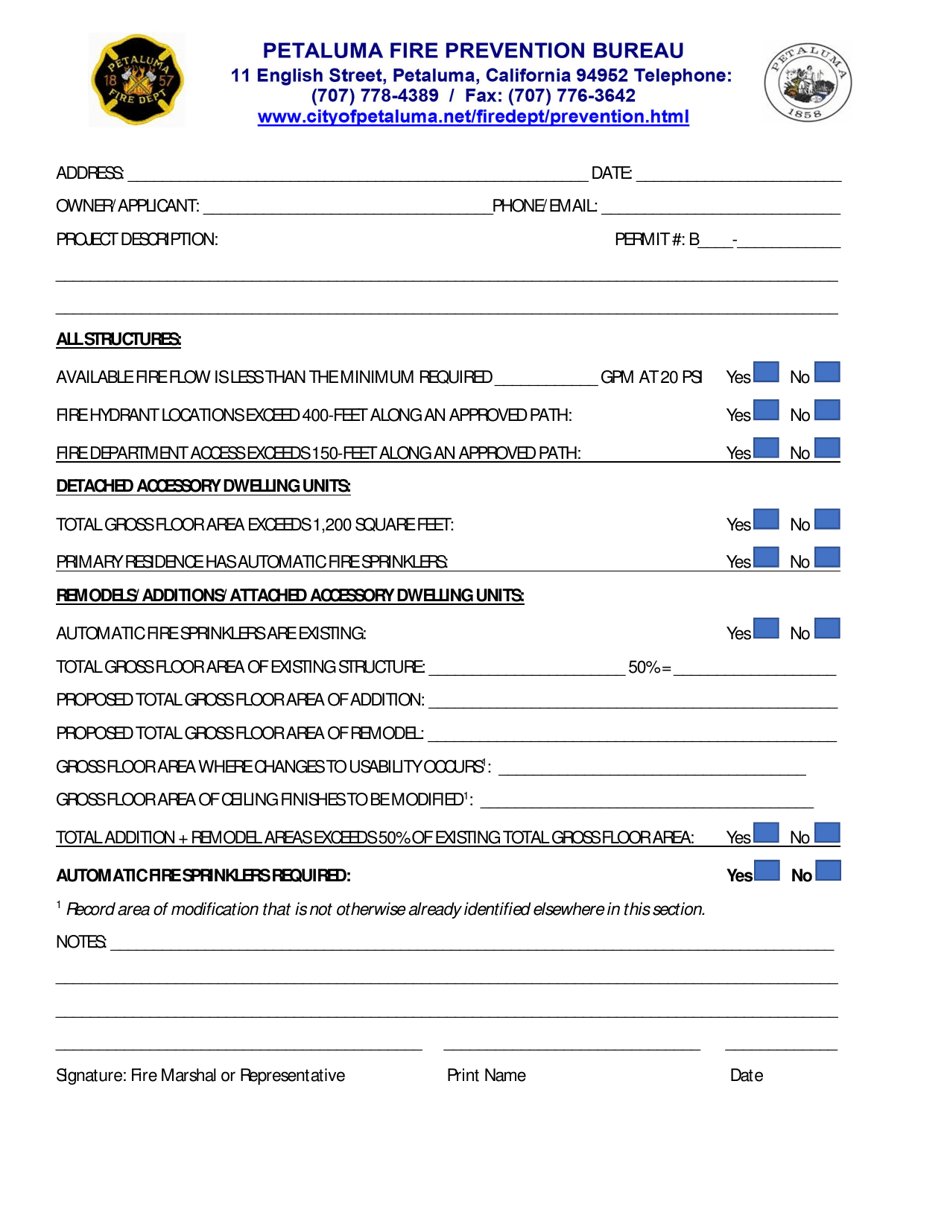 Accessory Dwelling Unit (Adu) Sprinkler Checklist - City of Petaluma, California, Page 1