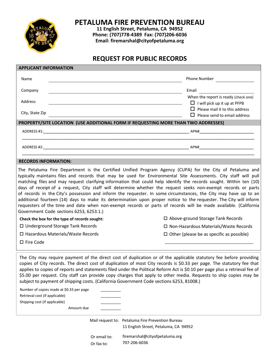 City of Petaluma, California Request for Public Records Fill Out