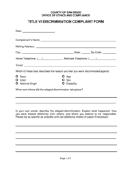 Title VI Discrimination Complaint Form - County of San Diego, California, Page 2