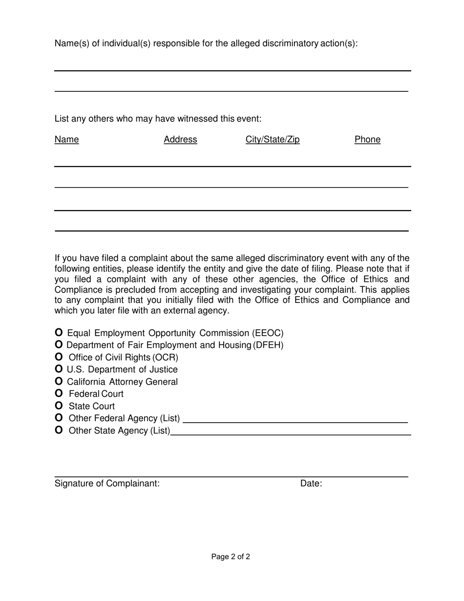 Title VI Discrimination Complaint Form - County of San Diego, California, Page 3