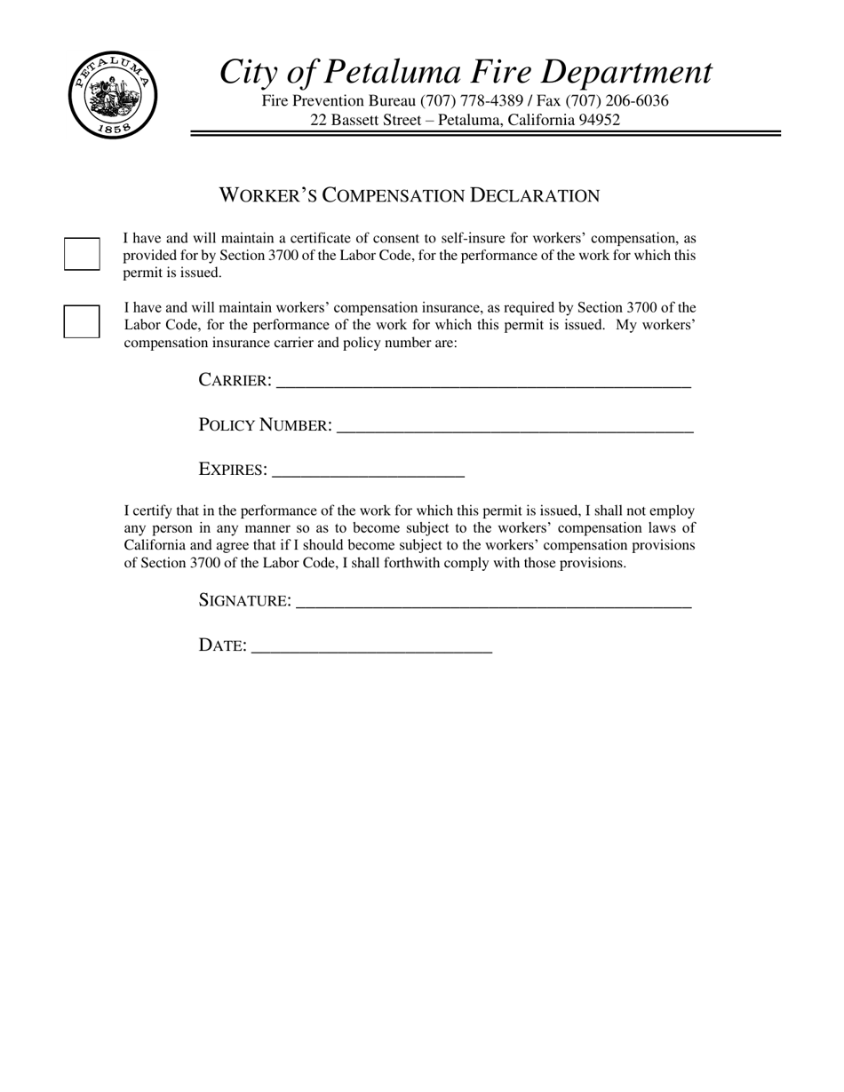 Workers Compensation Declaration - City of Petaluma, California, Page 1