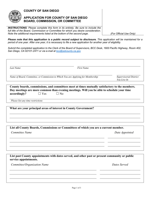 Application for County of San Diego Board, Commission, or Committee - County of San Diego, California Download Pdf