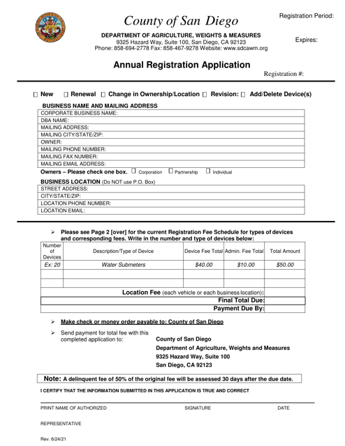 Annual Registration Application - County of San Diego, California Download Pdf