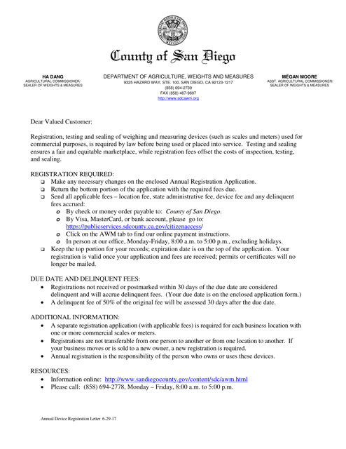 Annual Device Registration Letter - County of San Diego, California Download Pdf