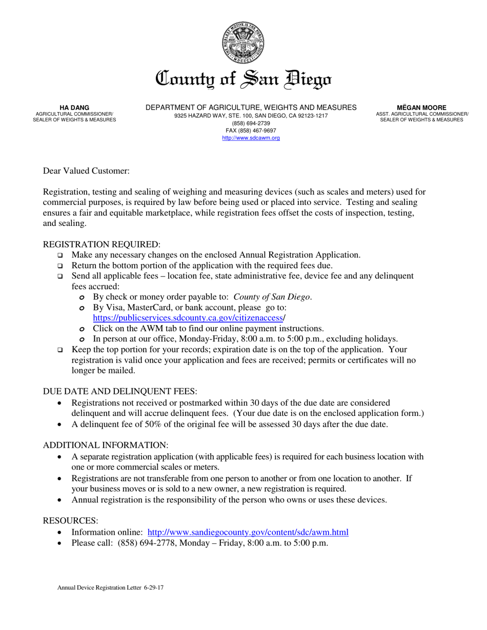 Revenue And Recovery San Diego Ca County of San Diego, California Annual Device Registration Letter