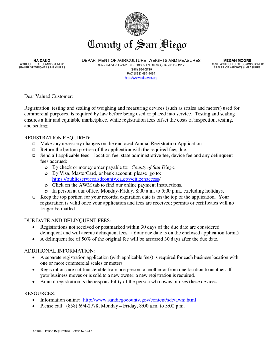 Annual Device Registration Letter - County of San Diego, California, Page 1