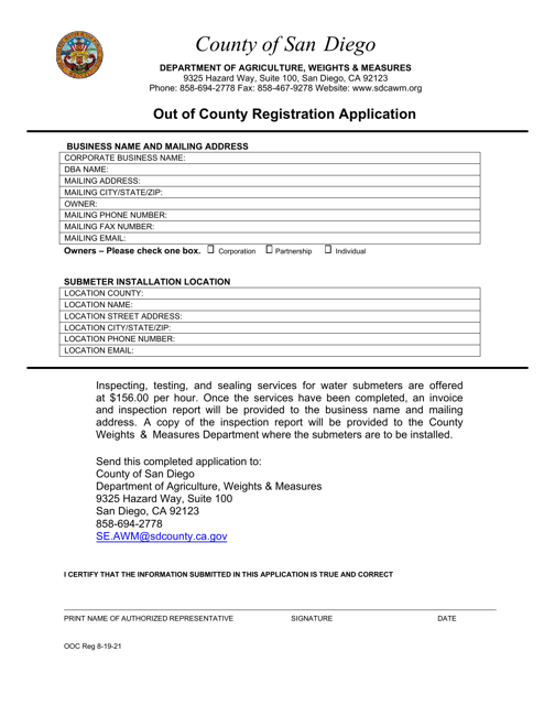 Out of County Registration Application - County of San Diego, California Download Pdf