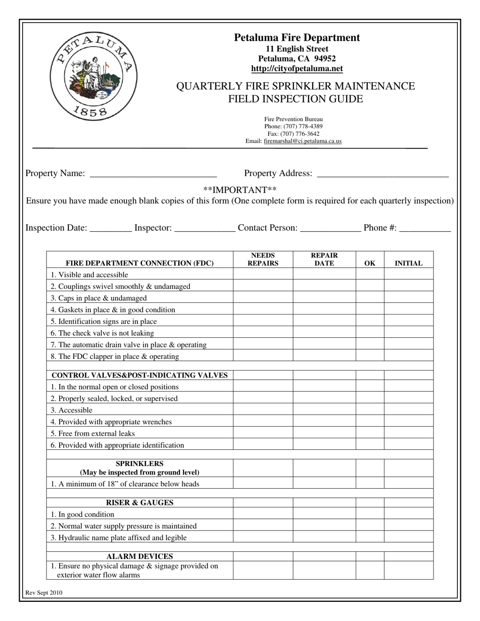 City of Petaluma, California Quarterly Fire Sprinkler Maintenance Field