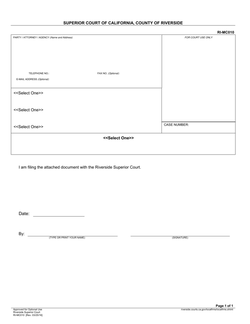 Form RI-MC010 Document Cover Sheet (Generic) - County of Riverside, California