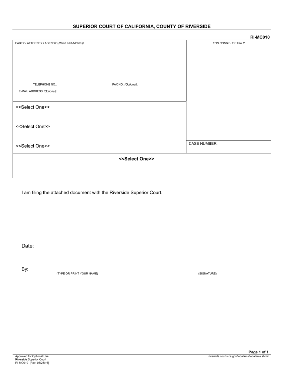 Form RI-MC010 Document Cover Sheet (Generic) - County of Riverside, California, Page 1