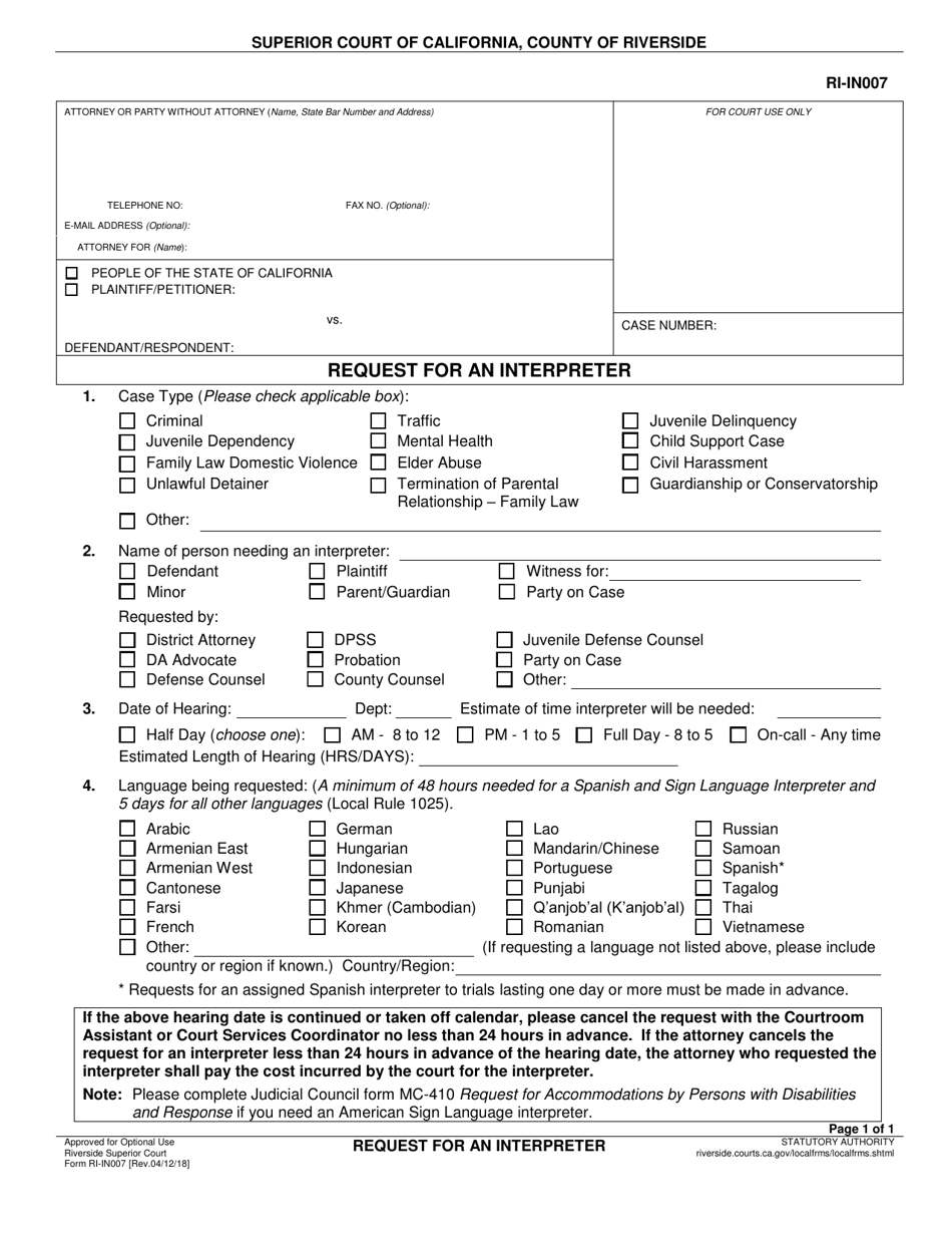 Form RI-IN007 Request for an Interpreter - County of Riverside, California, Page 1
