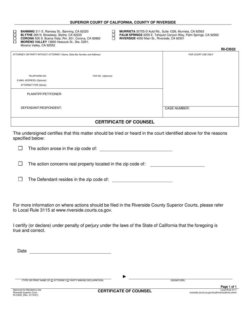 Form RI-CI032 Certificate of Counsel - County of Riverside, California, Page 1