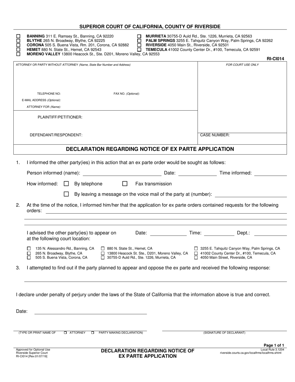 Form RI-CI014 Declaration Regarding Notice of Ex Parte Application - County of Riverside, California, Page 1